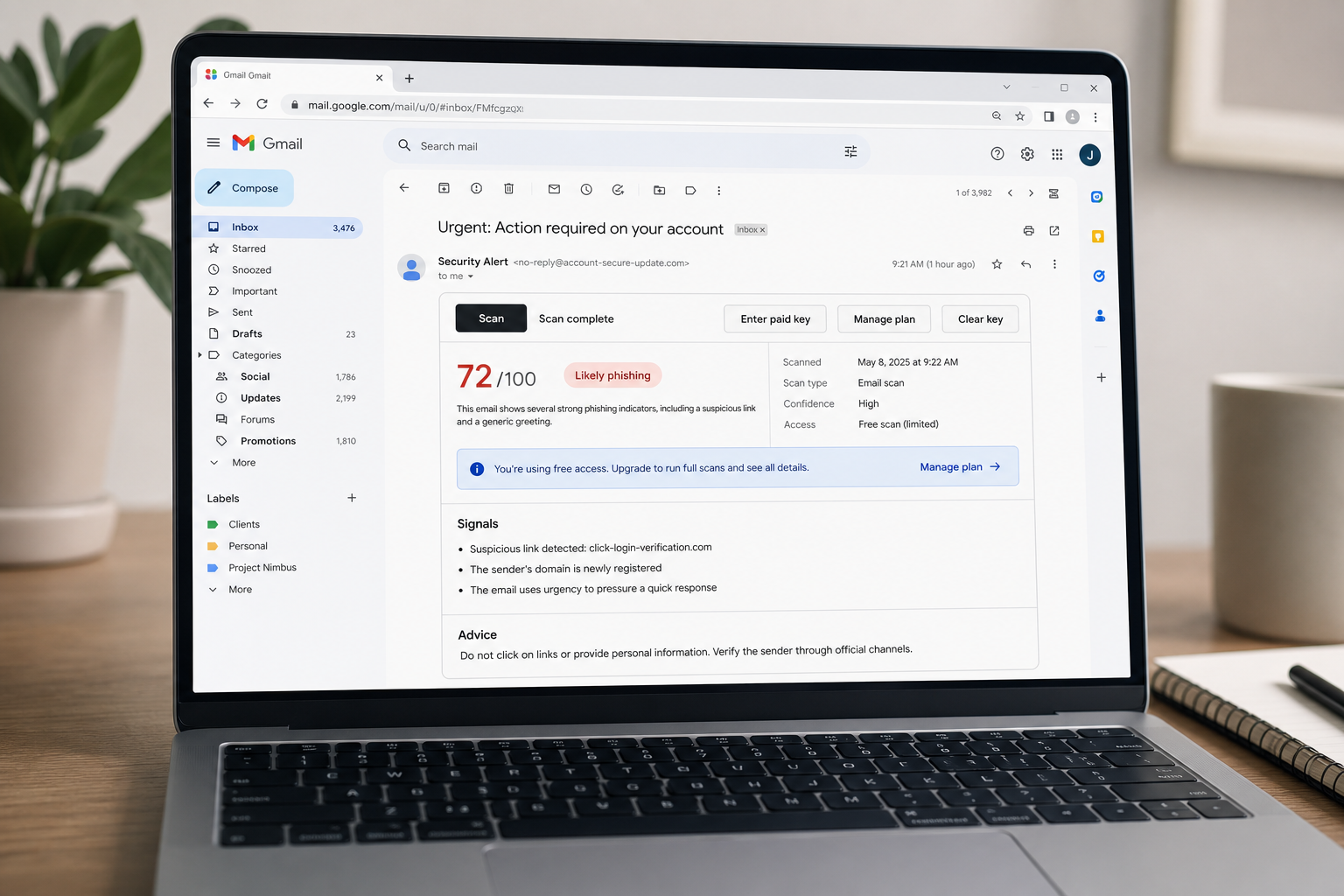 PhishSure running inside Gmail on a laptop screen